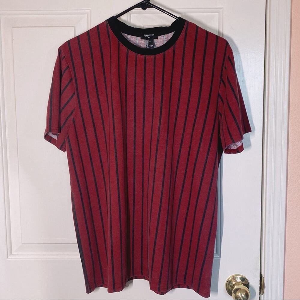 NWOT Forever 21 Red & Black Vertical Stripe Crewneck Short Sleeve Top Shirt | L